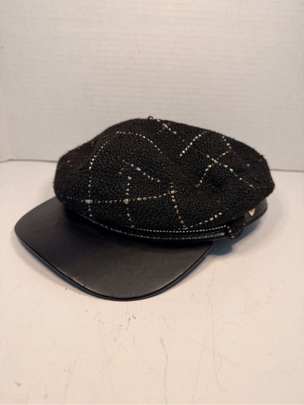 Juicy Couture Black Tweed and Faux Leather Newsboy
Cap